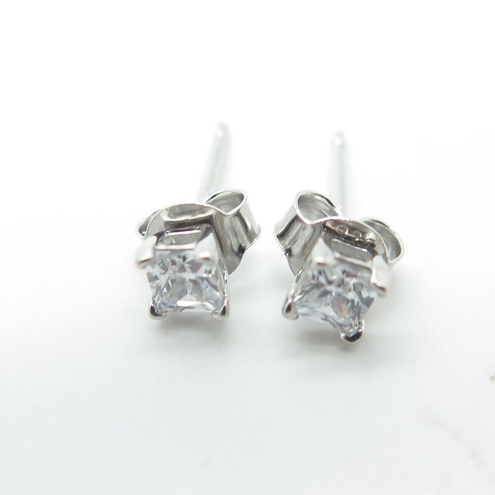 925 Sterling Silver Princess-Cut Shaped C Z Stud Earrings - Picture 4 of 9